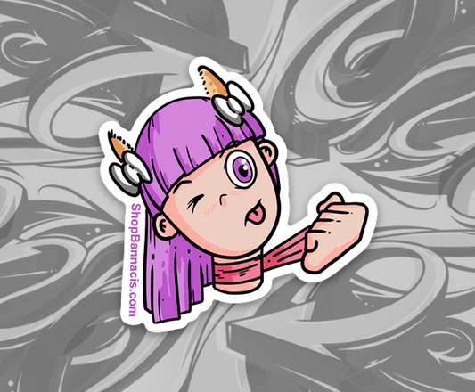 sticker of girl with purple hair and horns pulling a scarf around her neck